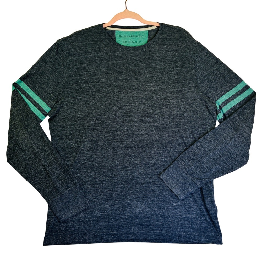 Banana Republic Mens XL The Vintage T Long Sleeve Heather Navy Teal Stripe Shirt